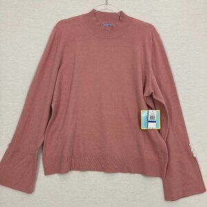New CeCe Pink Rose Crew Neck Soft Knit Flare Sleeve Pullover Sweater XL
